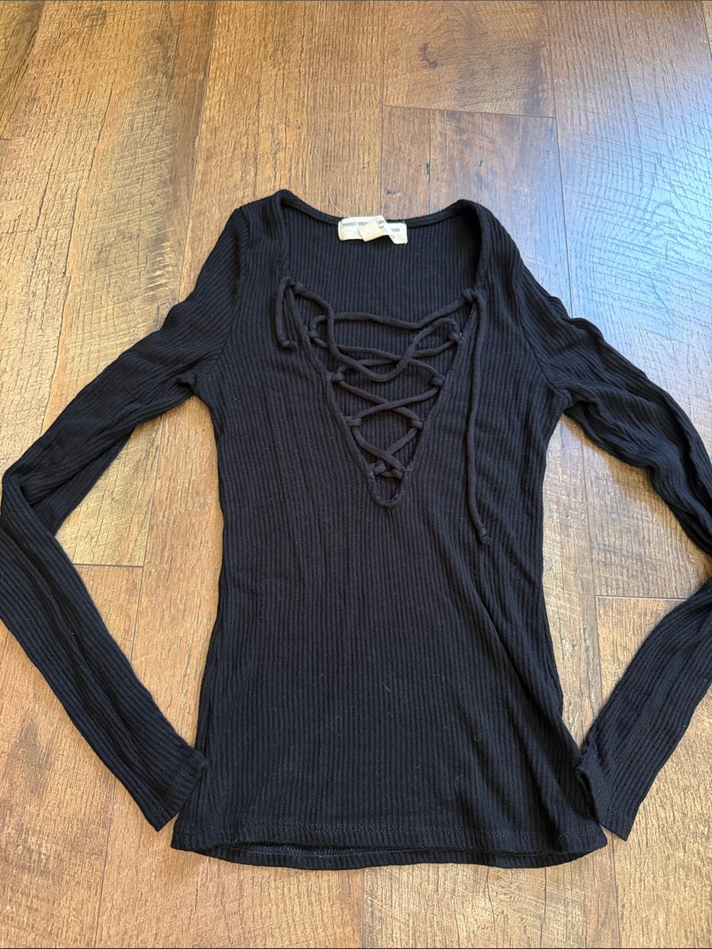 Project Social T Black Ribbed Lace-Up Long Sleeve Top